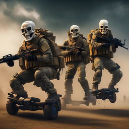 combatants in military fatigue and skeleton face masks and armed with assault rifles and on hover-boards high up in the air