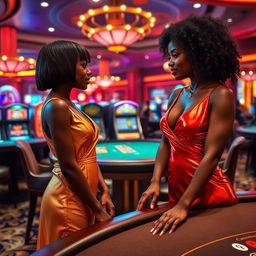 At a vibrant gaming table in a luxurious casino, a stylish black girl with short straight hair stands poised in a long golden dress with a v-neckline