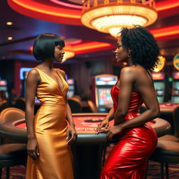 At a vibrant gaming table in a luxurious casino, a stylish black girl with short straight hair stands poised in a long golden dress with a v-neckline