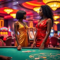 At a vibrant gaming table in a luxurious casino, a stylish black girl with short straight hair stands poised in a long golden dress with a v-neckline