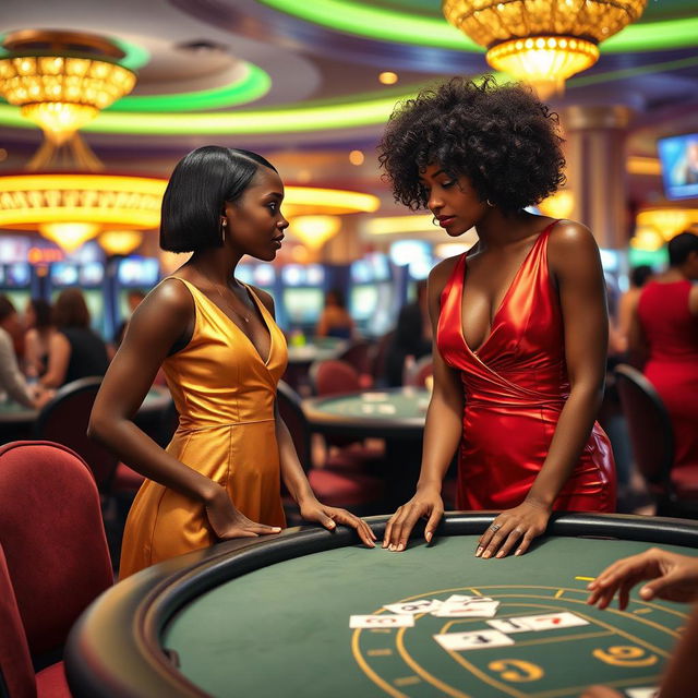 At a vibrant gaming table in a luxurious casino, a stylish black girl with short straight hair stands poised in a long golden dress with a v-neckline