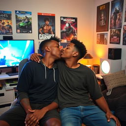 In a cozy room filled with gaming paraphernalia, two black boys share a passionate kiss, fully immersed in the moment while surrounded by the glow of their gaming setup