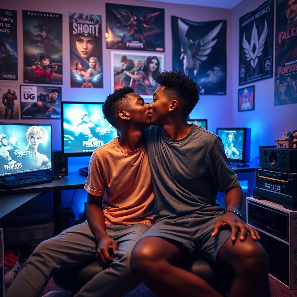 In a cozy room filled with gaming paraphernalia, two black boys share a passionate kiss, fully immersed in the moment while surrounded by the glow of their gaming setup