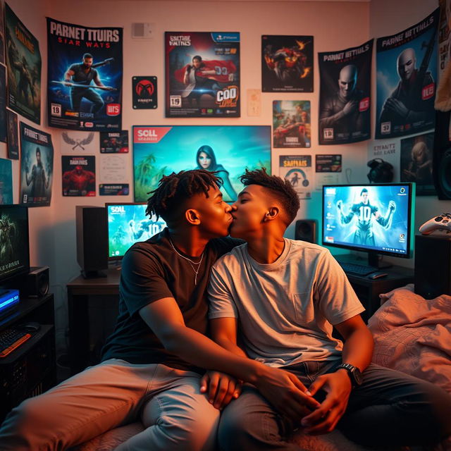 In a cozy room filled with gaming paraphernalia, two black boys share a passionate kiss, fully immersed in the moment while surrounded by the glow of their gaming setup