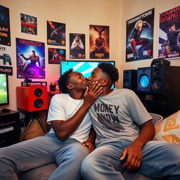 In a cozy room filled with gaming paraphernalia, two black boys share a passionate kiss, fully immersed in the moment while surrounded by the glow of their gaming setup