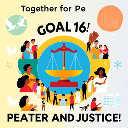 A dynamic poster design for Sustainable Development Goal 16, visually communicating the message of promoting peaceful and inclusive societies, providing access to justice for all, and building effective, accountable institutions