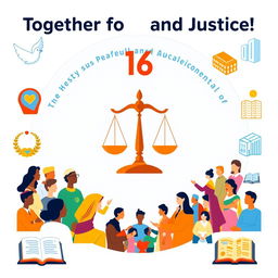 A dynamic poster design for Sustainable Development Goal 16, visually communicating the message of promoting peaceful and inclusive societies, providing access to justice for all, and building effective, accountable institutions