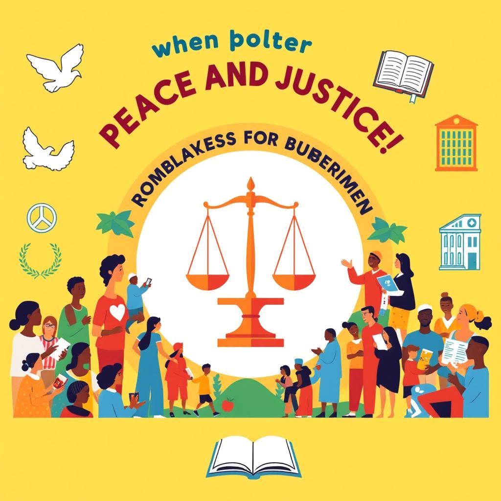 A dynamic poster design for Sustainable Development Goal 16, visually communicating the message of promoting peaceful and inclusive societies, providing access to justice for all, and building effective, accountable institutions