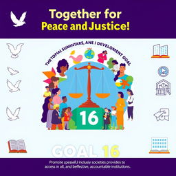 A dynamic poster design for Sustainable Development Goal 16, visually communicating the message of promoting peaceful and inclusive societies, providing access to justice for all, and building effective, accountable institutions