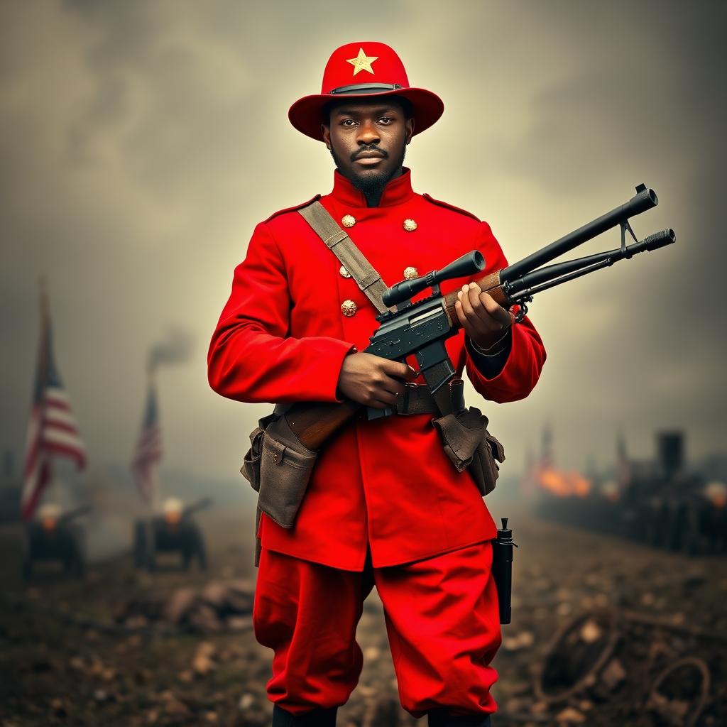 A striking image of a Black Civil War soldier standing proudly and confidently with a machine gun, dressed in a vibrant red uniform indicative of a unique military outfit