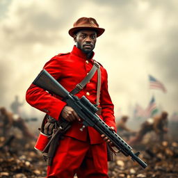 A striking image of a Black Civil War soldier standing proudly and confidently with a machine gun, dressed in a vibrant red uniform indicative of a unique military outfit