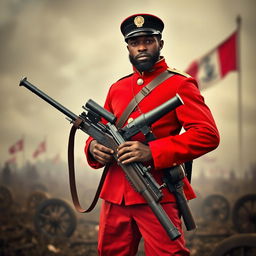 A striking image of a Black Civil War soldier standing proudly and confidently with a machine gun, dressed in a vibrant red uniform indicative of a unique military outfit