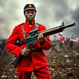 A striking image of a Black Civil War soldier standing proudly and confidently with a machine gun, dressed in a vibrant red uniform indicative of a unique military outfit