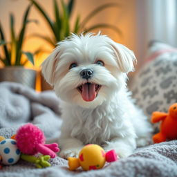 A cute Maltese dog sitting happily on a cozy blanket, surrounded by colorful toys
