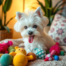A cute Maltese dog sitting happily on a cozy blanket, surrounded by colorful toys