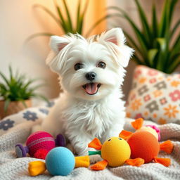 A cute Maltese dog sitting happily on a cozy blanket, surrounded by colorful toys
