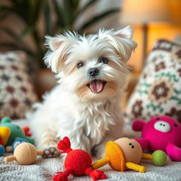 A cute Maltese dog sitting happily on a cozy blanket, surrounded by colorful toys