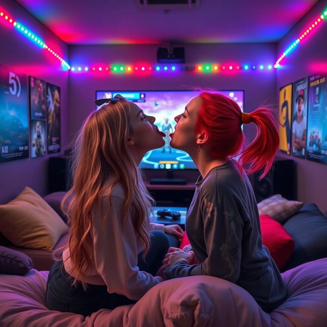 In a cozy, dimly lit room filled with colorful LED lights, two Icelandic girls are deeply engaged in a passionate kiss, their tongues intertwining playfully