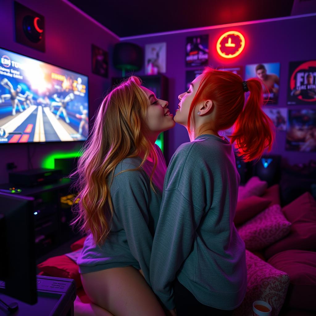 In a cozy, dimly lit room filled with colorful LED lights, two Icelandic girls are deeply engaged in a passionate kiss, their tongues intertwining playfully