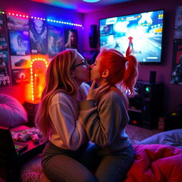In a cozy, dimly lit room filled with colorful LED lights, two Icelandic girls are deeply engaged in a passionate kiss, their tongues intertwining playfully