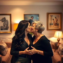 In a stylishly decorated room that exudes warmth and intimacy, two confident cougars, both in their 40s, share a passionate kiss, their tongues dancing together