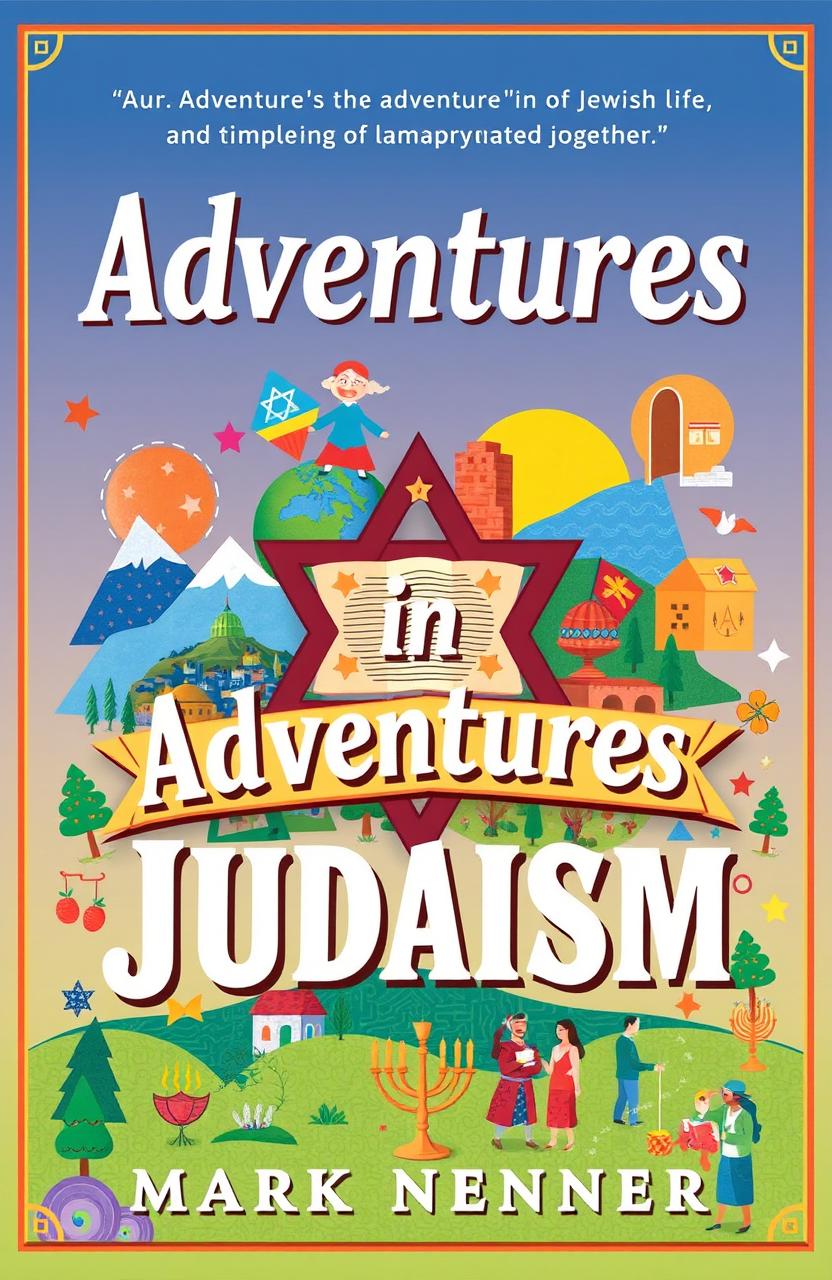 A captivating book cover for 'Adventures in Judaism' by Mark Nenner, featuring vibrant graphics that symbolize the adventure of Jewish life