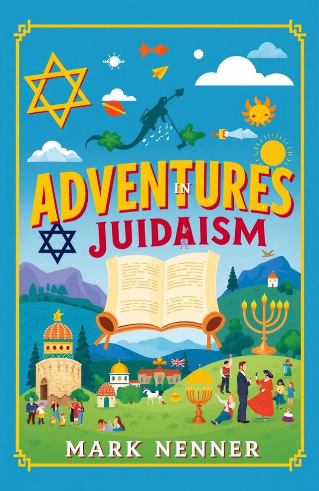 A captivating book cover for 'Adventures in Judaism' by Mark Nenner, featuring vibrant graphics that symbolize the adventure of Jewish life