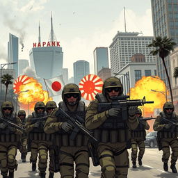 A tense and visually striking illustration of a modern Japanese army invading Los Angeles during World War 3