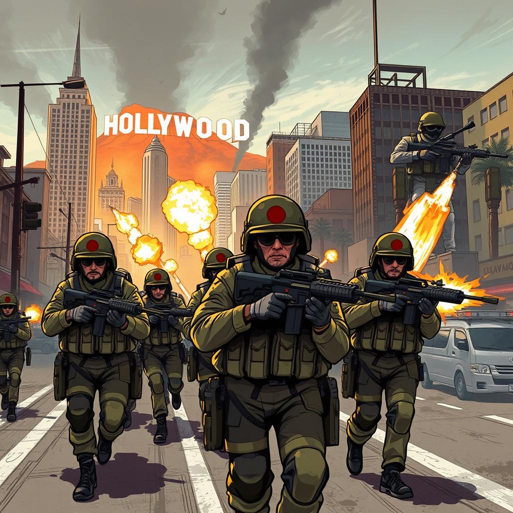 A tense and visually striking illustration of a modern Japanese army invading Los Angeles during World War 3