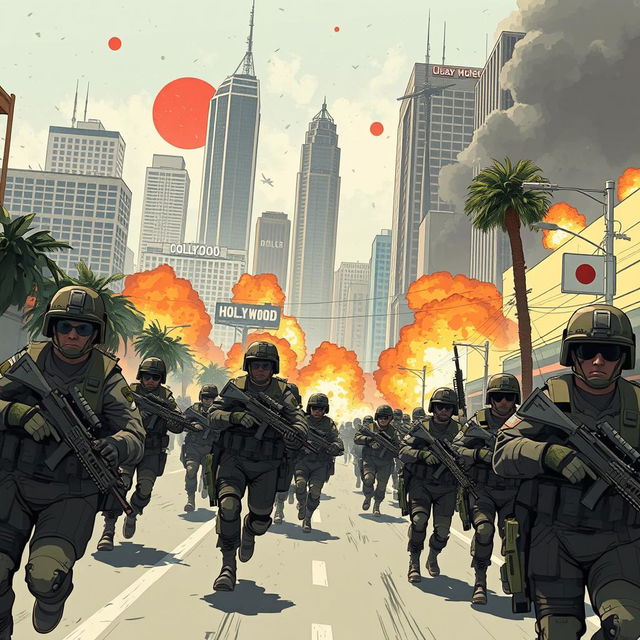 A tense and visually striking illustration of a modern Japanese army invading Los Angeles during World War 3