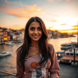 An attractive woman around 40 years old with long dark hair and a warm tan
