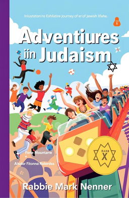 A vibrant book cover for "Adventures in Judaism" by Rabbi Mark Nenner, illustrating the exhilarating journey of Jewish life
