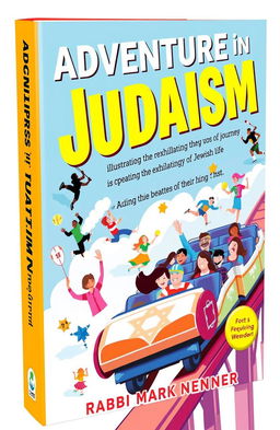 A vibrant book cover for "Adventures in Judaism" by Rabbi Mark Nenner, illustrating the exhilarating journey of Jewish life