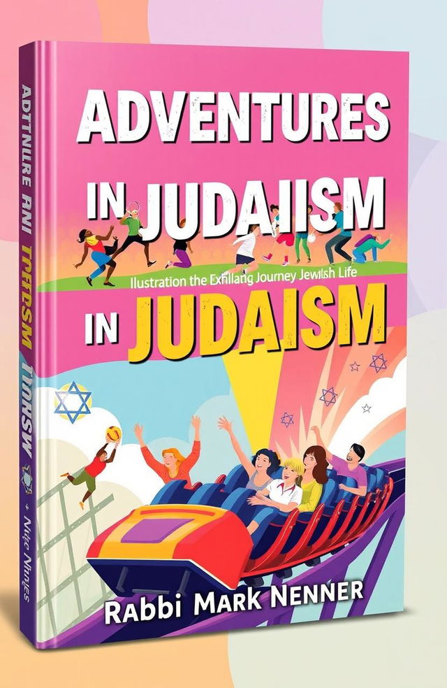 A vibrant book cover for "Adventures in Judaism" by Rabbi Mark Nenner, illustrating the exhilarating journey of Jewish life