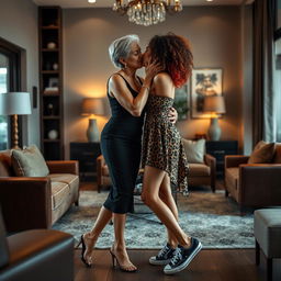In a stylish, modern living room, a striking 65-year-old athletic woman, dressed in a form-fitting black dress with a plunging v-neckline and elegant stiletto heels, passionately kisses her youthful 20-year-old Latina girlfriend