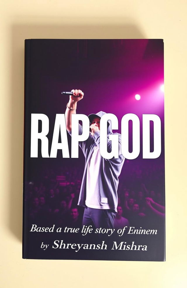 A striking book cover for 'Rap God', featuring a dramatic image of Eminem on stage holding a microphone during a live concert, capturing the energy of the performance