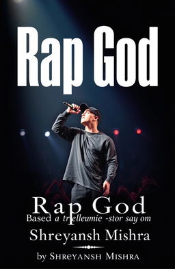 A striking book cover for 'Rap God', featuring a dramatic image of Eminem on stage holding a microphone during a live concert, capturing the energy of the performance