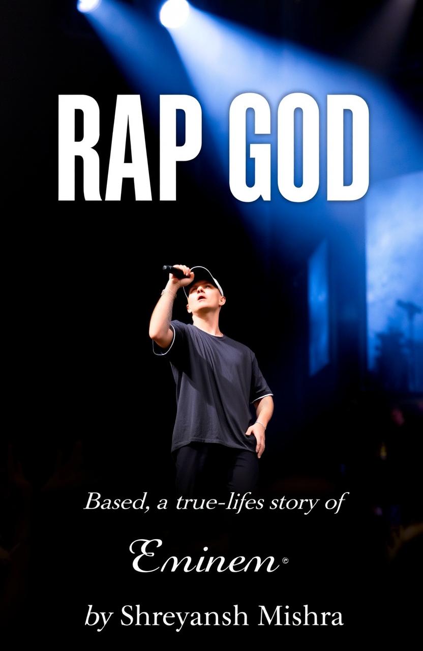 A striking book cover for 'Rap God', featuring a dramatic image of Eminem on stage holding a microphone during a live concert, capturing the energy of the performance