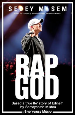 A striking book cover for 'Rap God', featuring a dramatic image of Eminem on stage holding a microphone during a live concert, capturing the energy of the performance