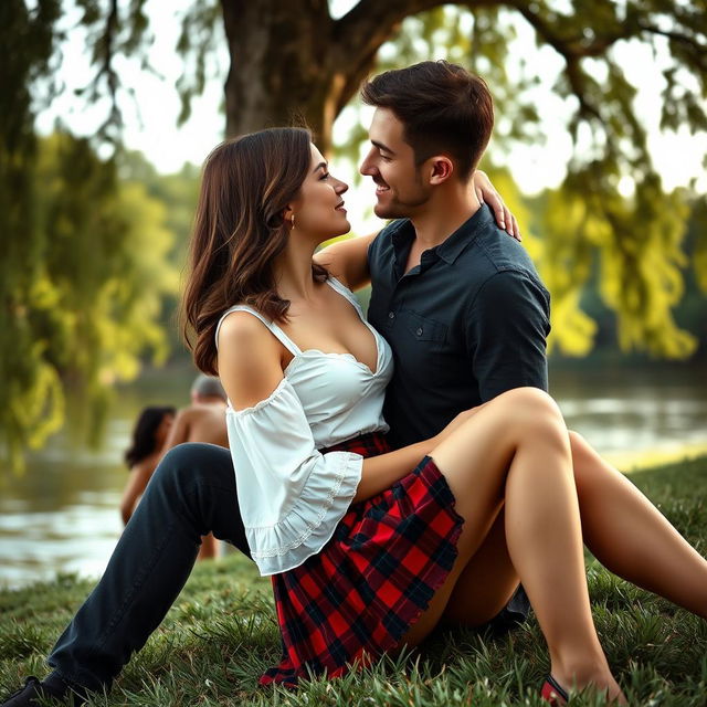 A romantic and serene scene where a young woman with wavy, shoulder-length brown hair, wearing a short red-and-black plaid skirt and a white blouse with an open neckline, is intimately close to a man