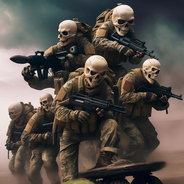 combatants in military fatigue and skeleton face masks and armed with assault rifles and on hover-boards high up in the air