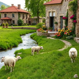A scenic view of an Iranian village, featuring a serene river flowing through a lush green meadow