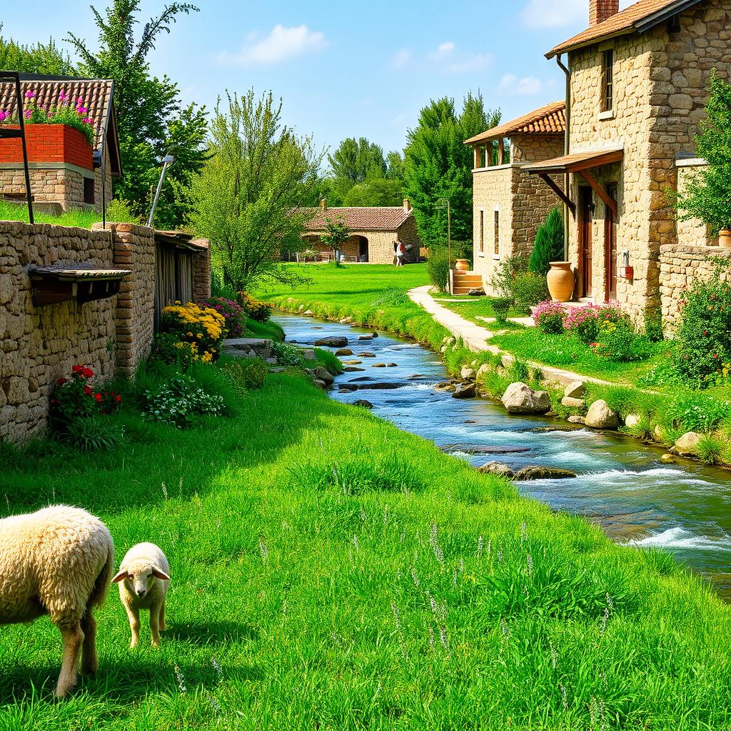 A scenic view of an Iranian village, featuring a serene river flowing through a lush green meadow