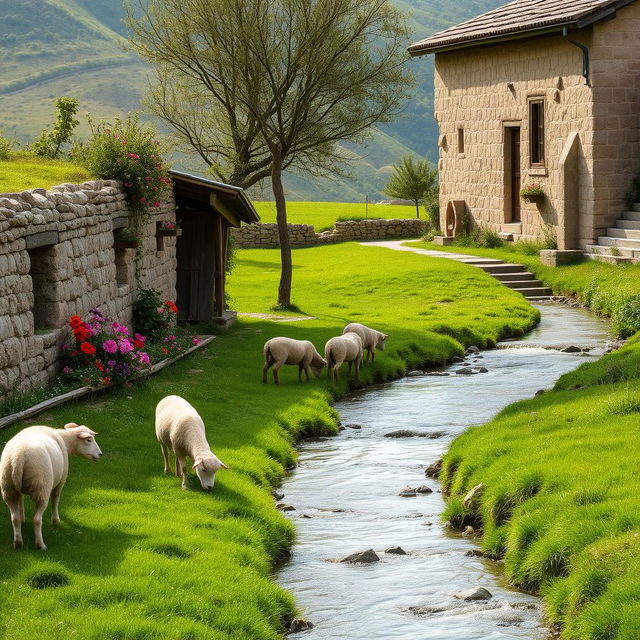 A scenic view of an Iranian village, featuring a serene river flowing through a lush green meadow