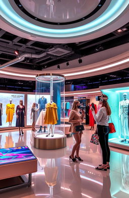 A futuristic fashion retail space showcasing advanced AR (augmented reality) and VR (virtual reality) technologies integrated into the shopping experience
