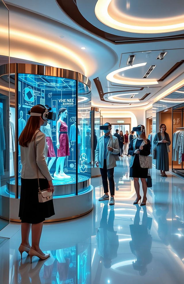 A futuristic fashion retail space showcasing advanced AR (augmented reality) and VR (virtual reality) technologies integrated into the shopping experience