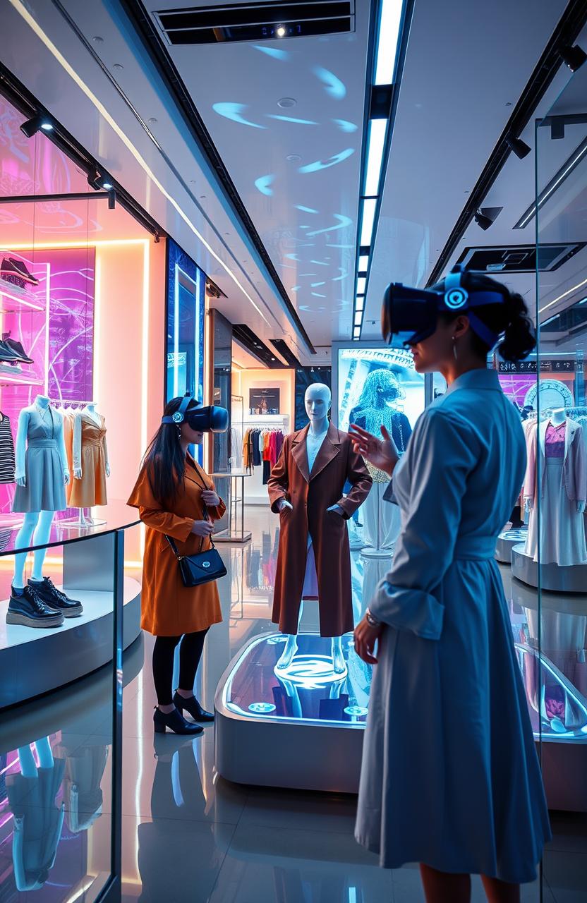 A futuristic fashion retail space showcasing advanced AR (augmented reality) and VR (virtual reality) technologies integrated into the shopping experience