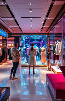 A futuristic fashion retail space showcasing advanced AR (augmented reality) and VR (virtual reality) technologies integrated into the shopping experience