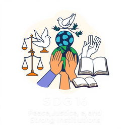 A graphic illustration representing Sustainable Development Goal 16 using a collection of powerful symbols that embody its themes of promoting peaceful and inclusive societies, ensuring justice for all, and building accountable institutions