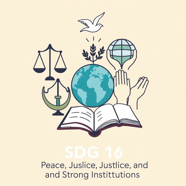 A graphic illustration representing Sustainable Development Goal 16 using a collection of powerful symbols that embody its themes of promoting peaceful and inclusive societies, ensuring justice for all, and building accountable institutions